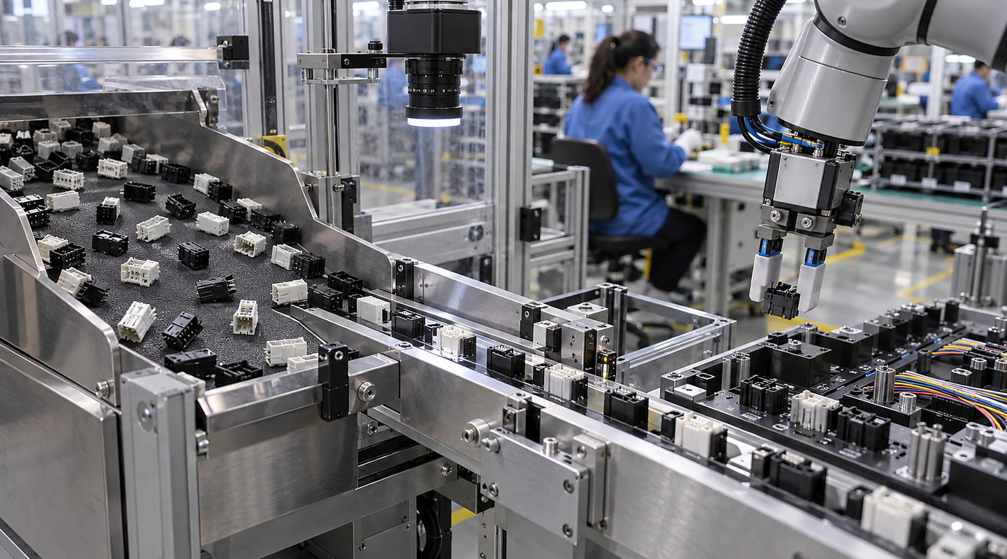 Electrical connectors being oriented and presented to a robotic pick station with contact-safe handling visible.
