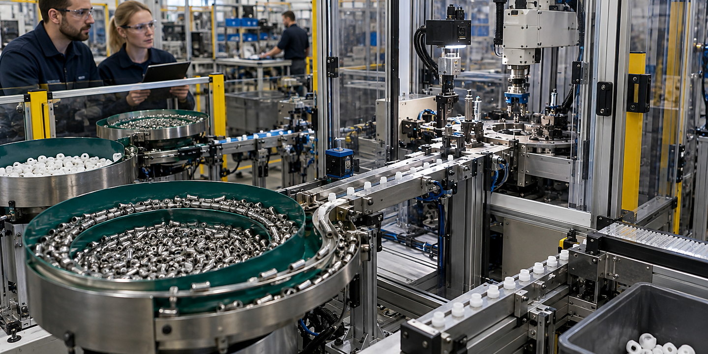 Electrical connectors being oriented and presented to a robotic pick station with contact-safe handling visible.