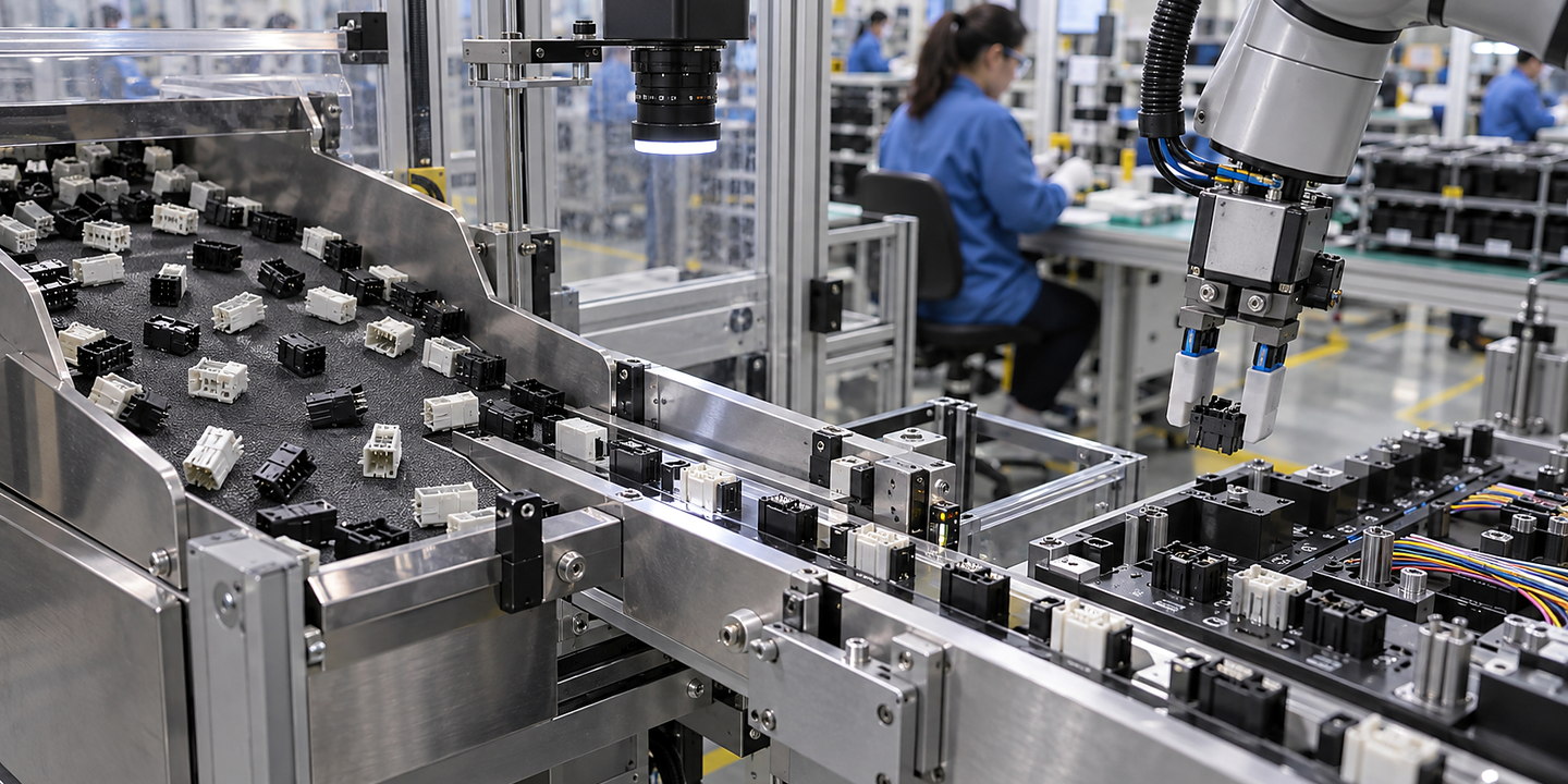 Electrical connectors being oriented and presented to a robotic pick station with contact-safe handling visible.